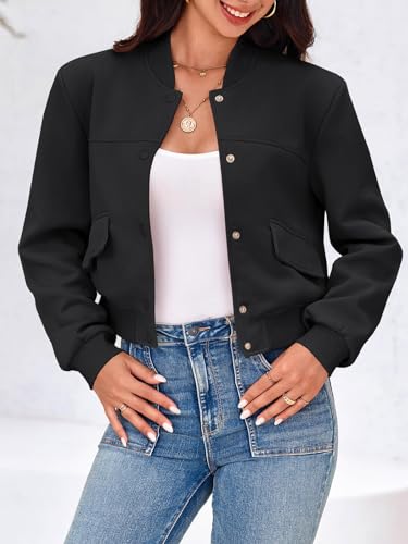 Image of Tankaneo Womens Cropped Bomber Jackets Casual Button Down Long Sleeve Stand Collar Varsity Shacket Coats