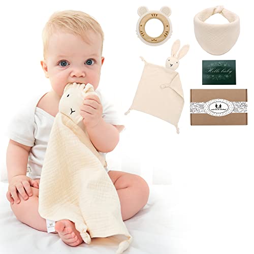 Geschenksets zur Geburt für Babys Junge Mädchen Schmusetuch Beißring Holz und Lätzchen Baumwolle 3er Cover