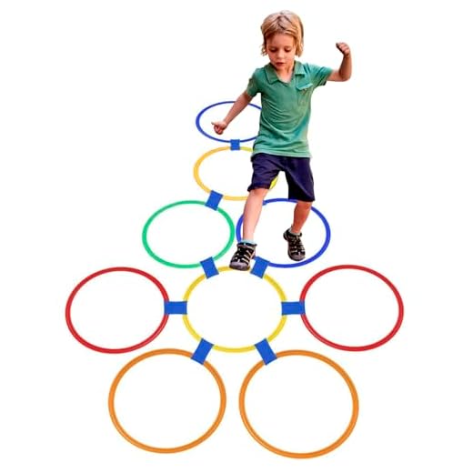Jooley Hopscotch Hula Hoops Ring Set with 10 Hoops and 15 Connectors and 1 Premium Sandbag Hopscotch Obstacle Course Outdoor or Indoor Play Game for Kids Girls Boys