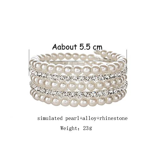 COLORFUL BLING Chunky Imitation Pearl Bracelet for Women Multi Row Layered Crystal Rhinestone Stackable Wrap Open Cuff Bangle Bridal Wedding Jewelry2