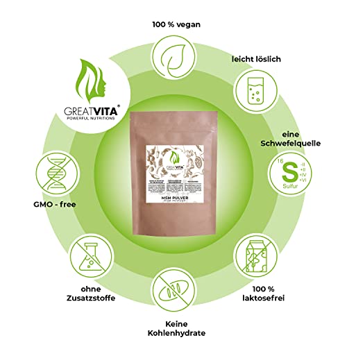 GreatVita MSM Pulver 1000g - 99,9% Methylsulfonylmethan, feiner & organischer Schwefelpulver - MSM powder zum Mischen in Wasser, Saft & Smoothies - 1kg Vorrat, ohne Zusätze, glutenfrei & non-GMO