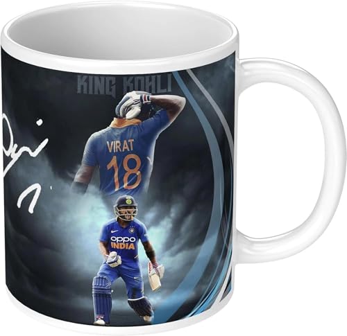 Image of Cricket Theme Coffee Mug IPL Edition - Stylish Helicopter Shot Print Cup - Gift for Cricket Fans, Boys & Friends(Virat-2)