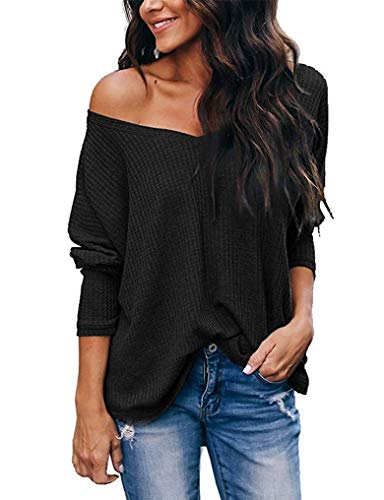 Women's Long Sleeve T Shirts V Neck Off The Shoulder Tops Waffle Knit Tunic Blouse Black L