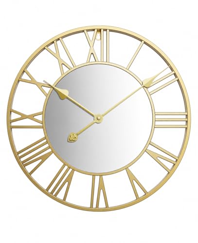 QHENS Horloge Murale Vintage, Horloge Silencieuse 15dB, Pendules Murales Grande 50cm, Cadre Doré en Métal & Chiffres Romains, Décor Élégant pour...