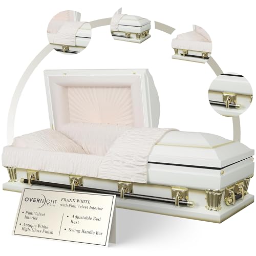 Overnight Caskets FRANK Oversized Metal Funeral Casket White with Pink Velvet Interior - 18-Gauge Steel - Fully Appointed Adult Casket - Coffin Featuring Velvet Interior Lining w/Pillow & Throw Set