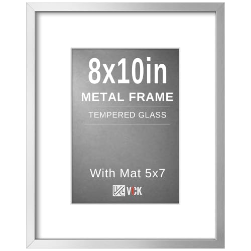 Image of VCK 8x10 Picture Frame Silver Metal, Real Glass, 5x7 Mat, for Artwork