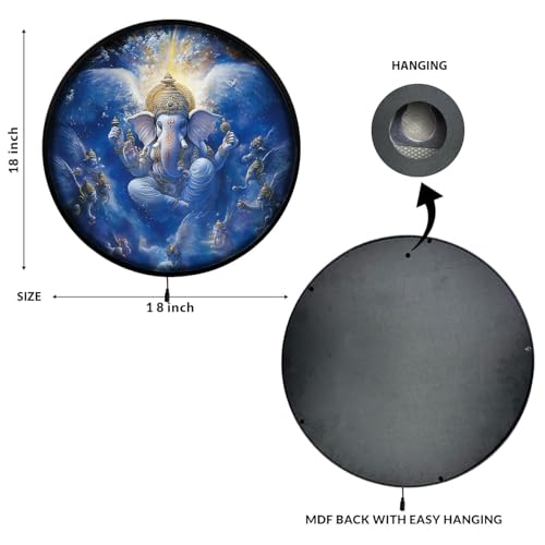 Image of PAINTINGMANTRA Shree Ganesh Ji Night Wall Lamp Painting with Premium Aluminium Metal Frame, Religious Round Wall Painting with Warm White Night Lamp for Home & Office Wall Decor 18x18 Inches