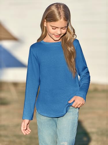 Image of Haloumoning Girls Long Sleeve T Shirts Kids Crewneck Tops 5-14 Years | Solid Color, Casual Loose Fit, Basic Tees, Curve Hem, Side Slit, Soft Tunic Tops, Fashion Clothes