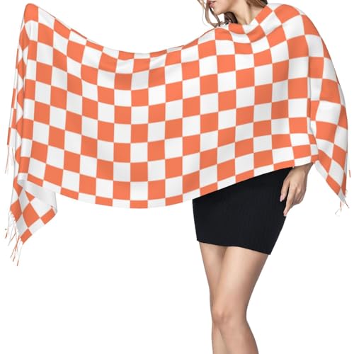 White Orange Checkerboard Print Pashmina Shawls Scarf Wraps for Women, Fall Winter Scarves Large Blanket Scarf3