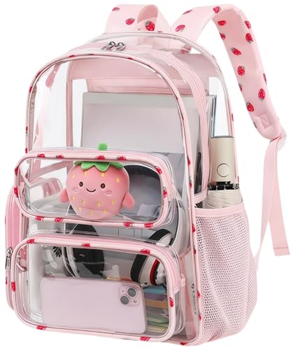 Image of BTOOP Clear Backpack Heavy Duty Transparent Backpack 17 inch See Through Bookbag for College Work Festival Security Padded Strap (Pink Strawberry)