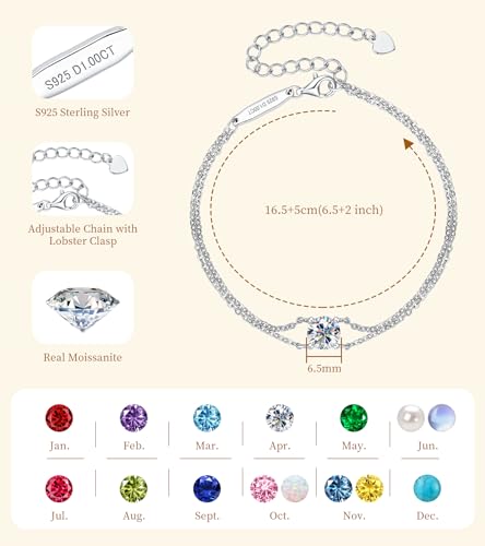 AINUOSHI Birthstone Bracelets for Women Fine Jewelry Sterling Silver Genuine or Created Gemstone Dainty Bracelet Anniversary Birthday Valentines Day Gifts for Women Wife, Chain Length 6.5”+2”4