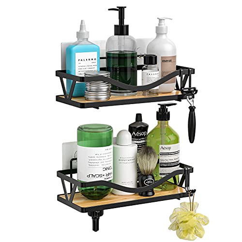 YOHOME Shower Caddy Shelf Shower Organizer with Hooks,No Drilling Adhesive Wall Mounted Hanging Shower Rack,Rustproof Bamboo Shower Storage,Shower Basket for Bathroom,Dorm and Kitchen-2Pack Black