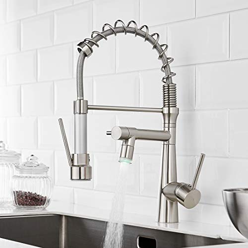 TIMACO LED Küchenarmatur mit Spiralfeder, 360° Schwenkbare Spültischarmaturen mit Zwei Auslauf, Wasserhahn Küchen & Brause ausziehbar- Hochdruck, Gebürstetes Nickel - Image 6