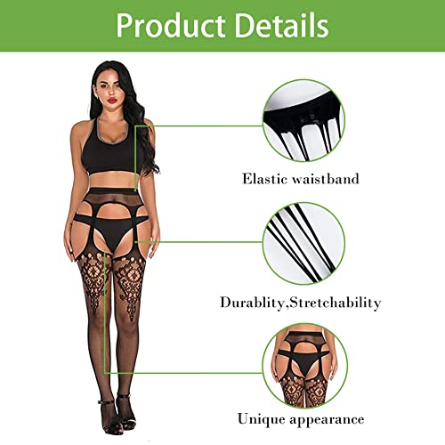 Image of Women's High Waist Fishnet Tights Suspenders Pantyhose Thigh High Stockings Black
