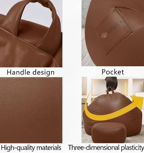 Image of KAM'S LIEU Filled with Beans Bean Bag Chair | Luxury Leatherette Bean Bag Chair for Adults, Kids | Comfortable, Durable, Stylish for Living Room, Bedroom, Gaming, Home Decor (Tan, 4XL)