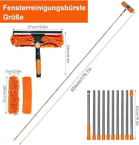 Kottwca 4,5M Fensterwischer - 2 - in - 1 Professioneller Fensterreiniger Set mit Teleskopstange - Ideal für Innen & Außen, Hochfenster, Wand, Auto - Mit Gummiwischer und Mikrofasertuch, Orange