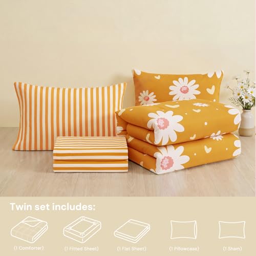 Image of Twin XL Comforter Set with Sheets for Girls-5 Pieces Twin Bedding Sets | Soft Printed Cute Yellow Daisy Comforter with Pillowcases & Shams, 66 inch X90 inch