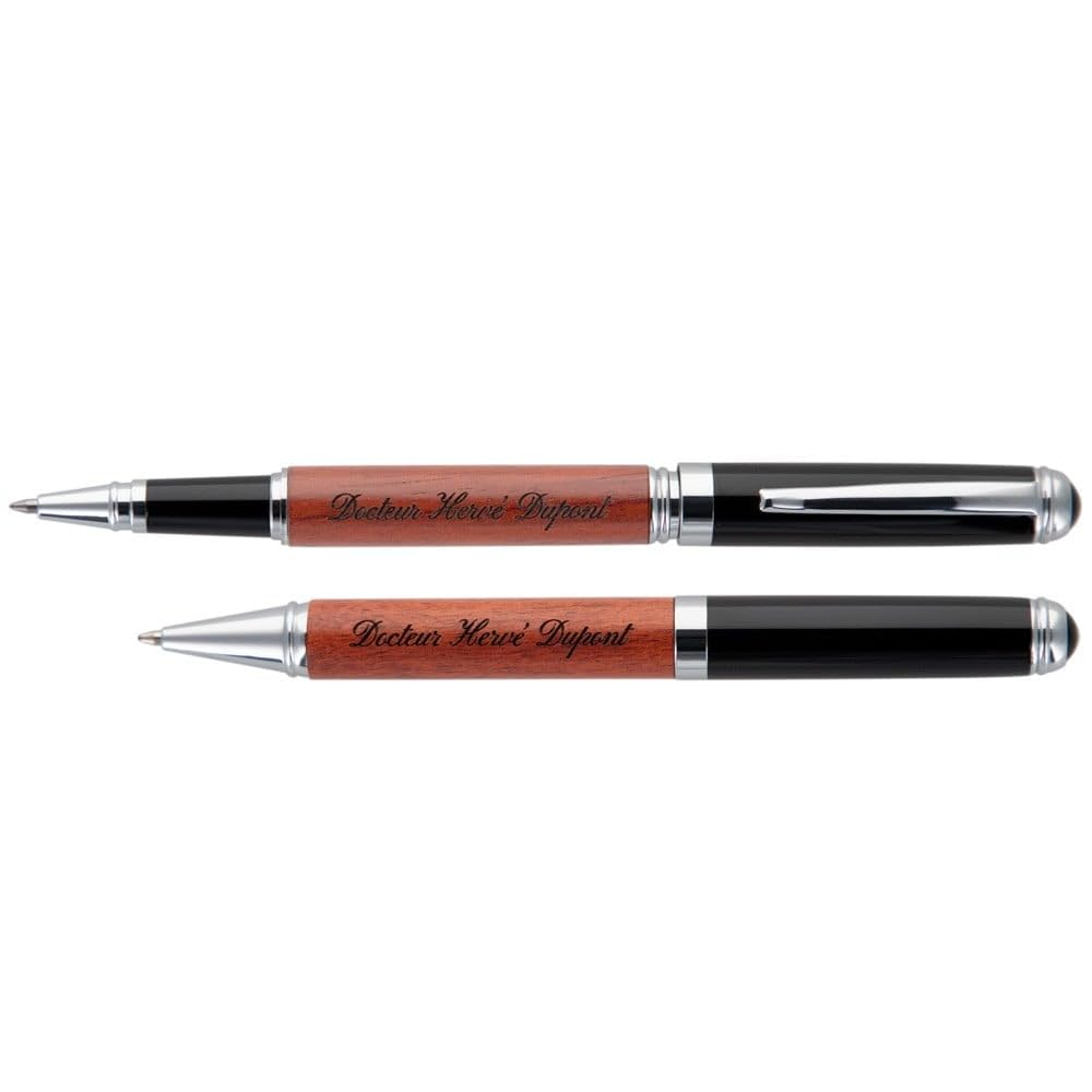 Ocadeau Coffret stylo personnalisé avec gravure texte – Stylos avec mélange bois, laquage noir et liseré chromé à personnaliser – Parure de stylos bois personnalisable