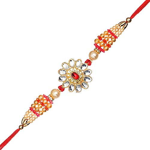 Image of eCraftIndia Beads, Pearls, Diamond Designer Rakhi for Brother with Best Bro Ever Fridge Magnet and Roli Chawal Pack