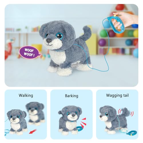 YH YUHUNG Interaktiver Hund mit Leine Grau, Schnauzer Welpe Spielzeug, Läuft & Bellt per Knopfdruck, Elektronischer Roboter Hund Plüschtier für Kinder 3+ (Grau/Blau)