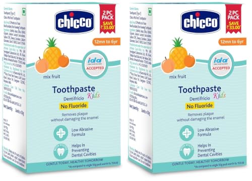 Image of Chicco Toothpaste Mix Fruit Flavour 50g (2 Pcs) | Fluoride-Free & Low Abrasive | Removes Plaque, Helps Prevent Cavities | IDA Accepted (1-6 Years) (Pack of 2)