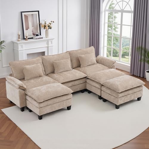 Image of IPKIG 117 inch Modular Cloud Couch with Storage, C Shaped Sectional Sofa | 3 Seater Khaki Chenille Deep Seat Sectional Couches with Ottoman and Pillow for Living Room, Apartment