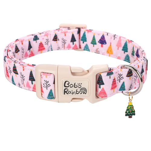 Bobo Rainbow Christmas Dog Collar Adjustable Pink Collar Comfortable Pet Collars Christmas Tree Plastic Buckle Collars for Small Girl Dogs