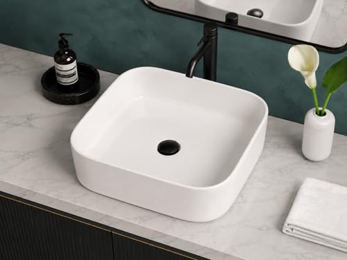 Image of QUALITO White Table Top Wash Basin for Bathroom, Living Room, Hall, Dinning Room | Countertop /Over Counter Ceramic Vessel Sink /Basin | Glossy Finish Table Top Wash Basin (White, 16x16x5 Inch)