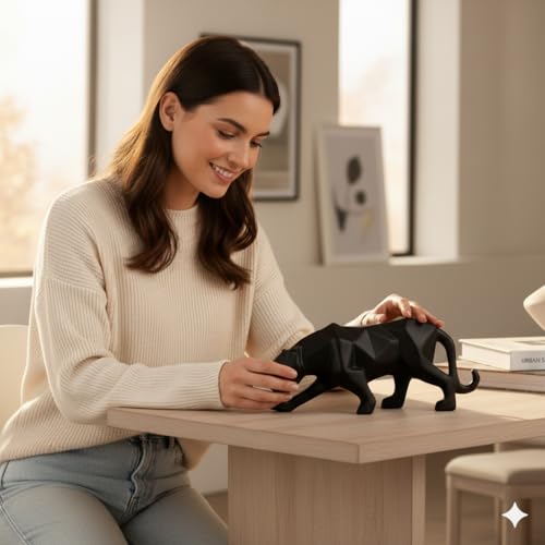 Image of Abstract Black Panther Sculpture Figurine Handicraft Home Desk Decor Geometric Wildlife Leopard Statue Craft Ceramic (Panther Black)