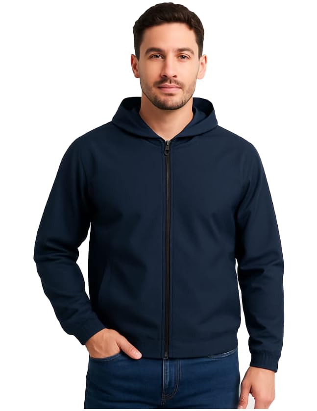 Nephar Men’s Waterproof Hooded Zip Rain Jacket – Lightweight Black Windcheater for Daily Wears & Outdoors
