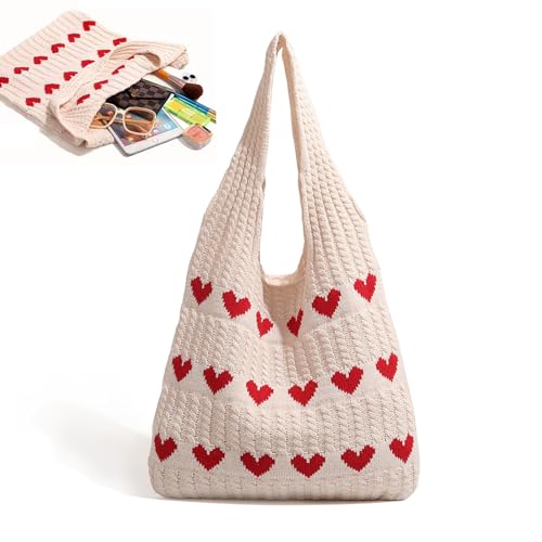 Lunyloer Gestrickte UmhäNgetasche 38×35cm Gestrickte Tasche HäKeltasche Tote Bag HerzföRmige Strandtasche Schultertasche Gewebte Tasche Crochet Bag für Teenager Und MäDchen HerzföRmige Mode