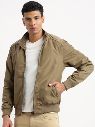 Image of SHOWOFFFF Men Solid Bomber Jacket | Mock Collar Full Sleeves Nylon Jacket for Mens | Slim Fit Regular Length Jacket for Men's