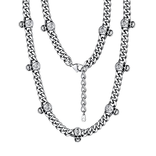 Bestyle Stainless Steel Skull Choker Necklace 9mm Thick Heavy Thorns Iron Chain Necklace Unisex Hip-hop Harajuku Punk Gothic Cuban Chain Necklace for Men Women 20 inch