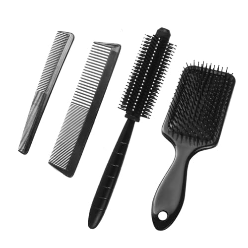 Image of GITGRNTH 4-Piece Black Hair Brush and Comb Set - Detangling Paddle Brush, Round Brush, Fine & Wide Tooth Combs - Styling Kit for All Hair Types, Women, Men & Kids (4 Comb Set)
