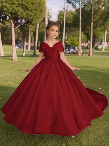 Satin Flower Girl Dress with Bow - Off Shoulder First Communion Dress Little Girl Pageant Dress Maroon Red, 42