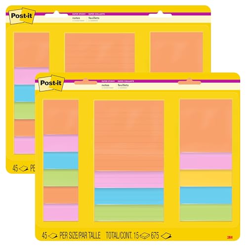 Post-It Super Sticky Notes Multi-Size Supernova Neons 2 Pack (2 x 15 Pads, 45 Sheets Each = 30 Pads, 1350 Sheets) Sticky Notes for Walls, Doors, Windows and Planners at Home and Office