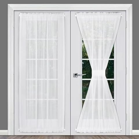 Rose Home Fashion RHF Voile French Door Curtains Set of 2 Panels, Sidelight Curtains for Front Door Sheer Panels, 40W by 72L, White Sheer Glass Door Curtains with Tieback (W40 x L72|2 Panels, White) Cover