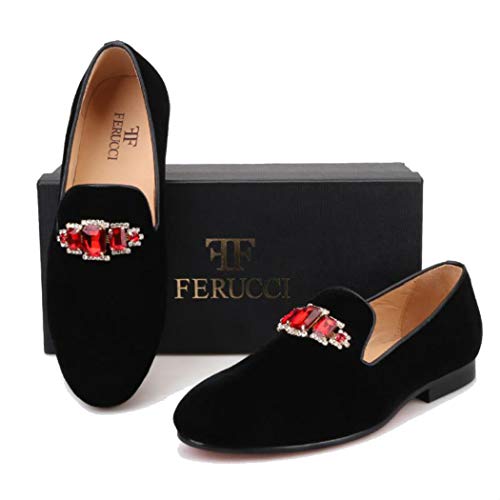 FERUCCI Handmade Men Black Velvet with Red Crystal Brooch Slippers Loafers Flats4