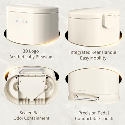 Image of MRBIN Metal Bathroom Trash Can with Lid, 20L / 5.3gal Commercial Step Waste Basket for Kitchen, Medium Toilet Garbage Pail with Stainless Steel Foot Pedal for Near Desk, Restroom, Rv, Vanity, White
