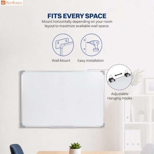 Image of Bonkaso Magnetic Dry Erase Whiteboard 90 x 60 cm with Aluminium Frame, Movable Marker Tray, 2 Markers, Eraser & 6 Magnets, Wall-Mounted Writing Board for Home Office School Classroom