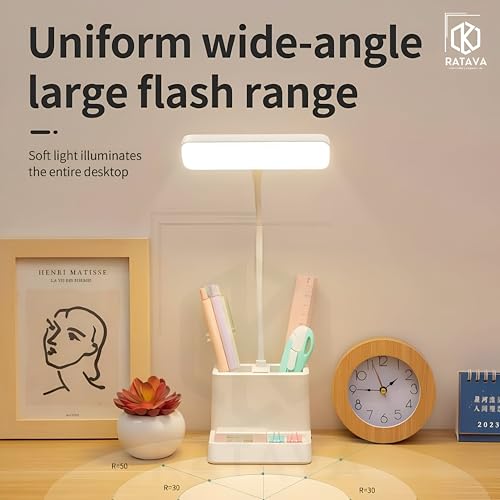 Image of Rechargeable 3-Color LED Desk Lamp with Phone Holder & Pen Stand - Adjustable Brightness Study Light for Students, Kids, Office - Touch Control, Eye Protection, Portable Desk Lighting (White)