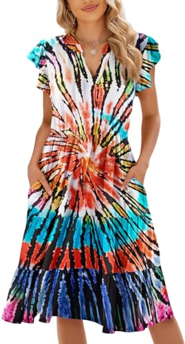 Image of Womens Summer Dress Ruffle Sleeve V Neck Midi Dresses Casual Fit Flowy Tiered Boho Beach Vacation Sundress