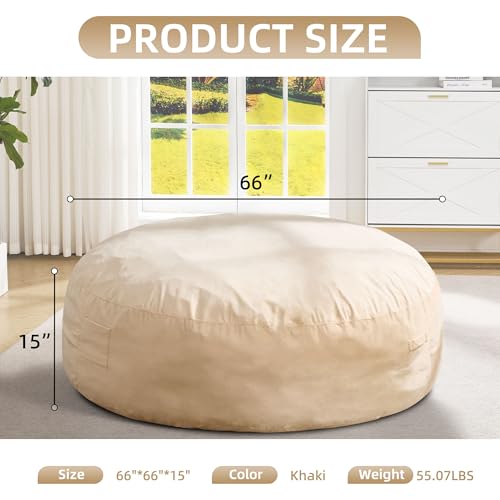 Image of Hobestluk Giant Bean Bag Chairs 6FT Oversized BeanBag Chair for Adult Jumbo | Memory Foam,Washable Cover,Velvet Fabric,Storage Pocket,Portable Handle,Durable Round Bean Bag Bed for Adults | Khaki 6FT