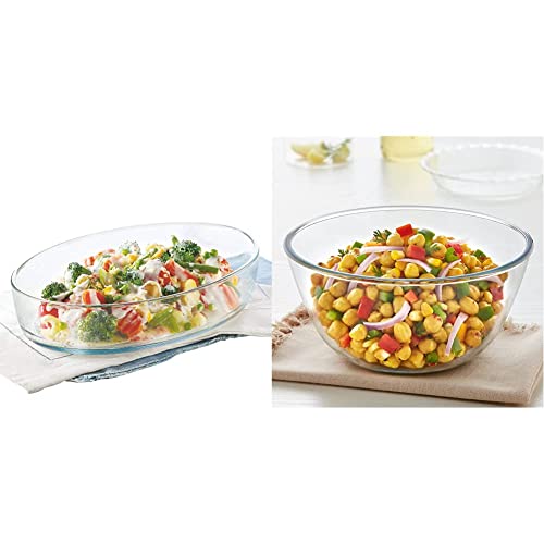 Image of Borosil Oval Baking Dish, 1.6 litres, Transparent & Glass Mixing Bowl, 2.5 L, Oven and Microwave Safe Combo