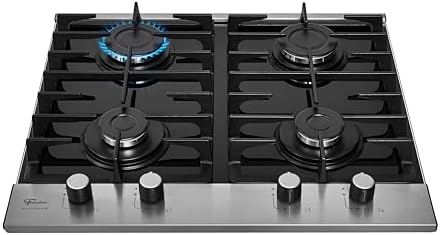 Cooktop Fischer 4 bocas Platinium com um queimador aceso e chama azul.