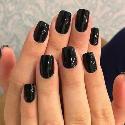 Modelones 32Pcs Black Press on Nails, Short Square Fake Nails, Re...
