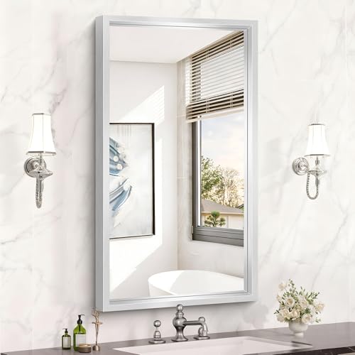 Image of 20x36 Silver Bathroom Mirror, Brushed Silver Rectangular Mirror for Wall, 0.6 inch Thickened Deep Frame Mirrors for Bathroom Sink, Shatterproof Tempered Glass, Antirust, Horizontally or Vertically