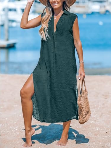 Image of CUPSHE Women's Swimsuit Coverup Casual Sleeveless Side Split Long Cardigans V Neck Midi Beach Dress