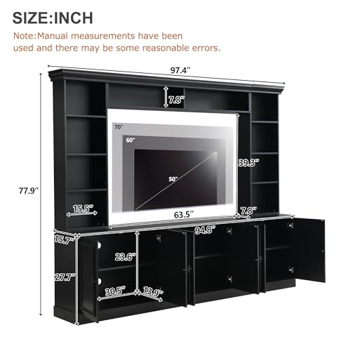 Image of JIJIWANG 97.4 inch W 4-Piece Wall Unit Entertainment Center with Bookshelf for TVs Up to 70 inch, Mid-Century Media Console TV Stand with Adjustable Shelf, Storage Cabinet and Bridge for Living Room, Black