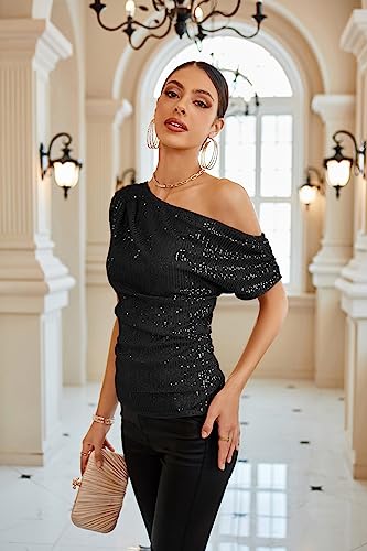 Image of GRACE KARIN One Shoulder Sequin Sparkly Tops for Women Ruched Asymmetrical Glitter Tops Slimming Sparkle Party Shirts